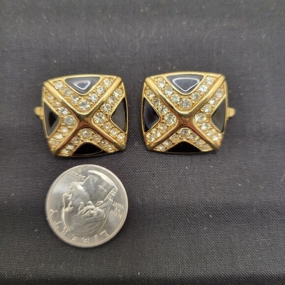Trifari Vintage Clip on Earrings Gold Toned Black Enamel Rhinestone Square X - Picture 3 of 11
